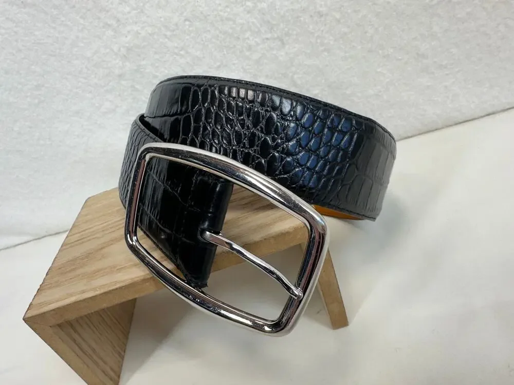 Lauren Ralph Lauren Black Italian Leather Crocodile Belt SZ XL Quiet Luxury